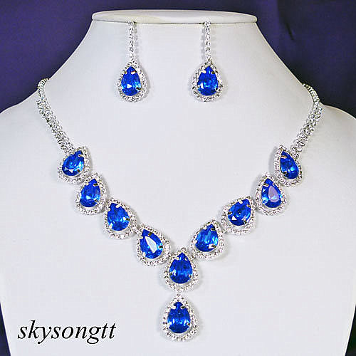 Swarovski Royal Blue Rhinestone Crystal Dangler Necklace Earrings Set ...